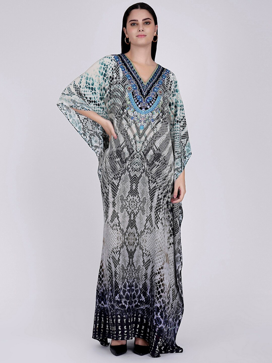 

First Resort by Ramola Bachchan Animal Printed V-Neck Silk Kaftan Maxi Dress, Grey