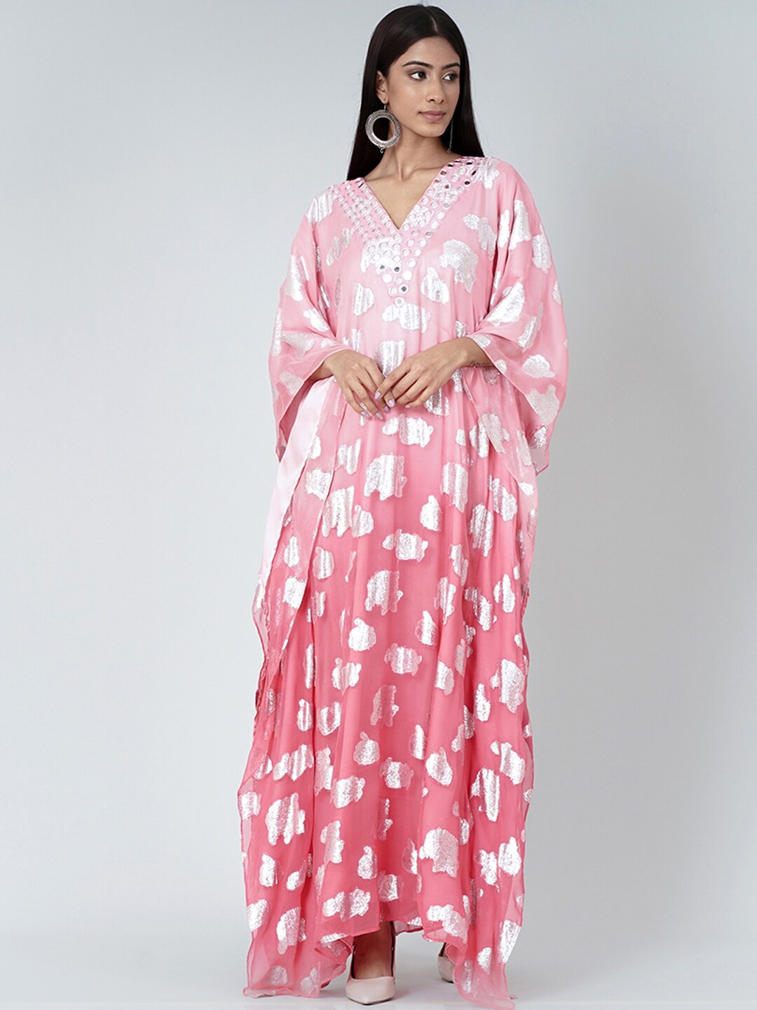 

First Resort by Ramola Bachchan Printed Georgette Maxi Kaftan Dress, Pink