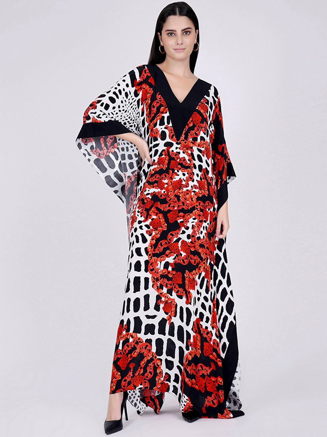 

First Resort by Ramola Bachchan Animal Print Kimono Sleeve Crepe Kaftan Maxi Dress, Red