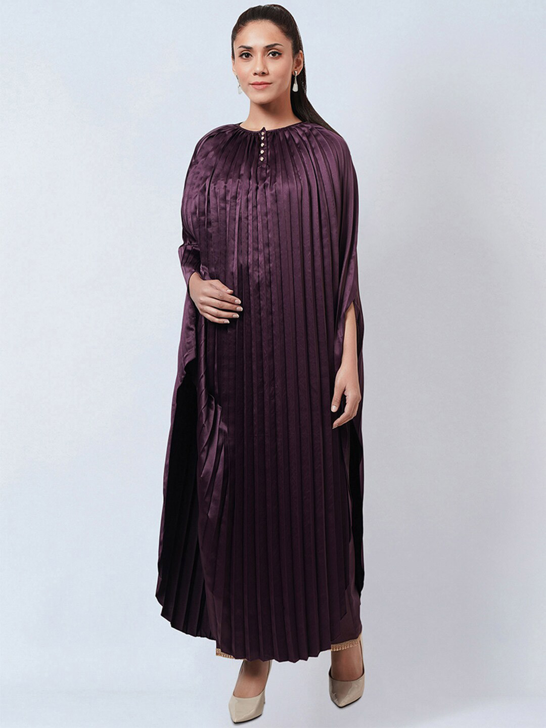 

First Resort by Ramola Bachchan Accordion Pleated Round Neck Satin Kaftan Maxi Dress, Purple