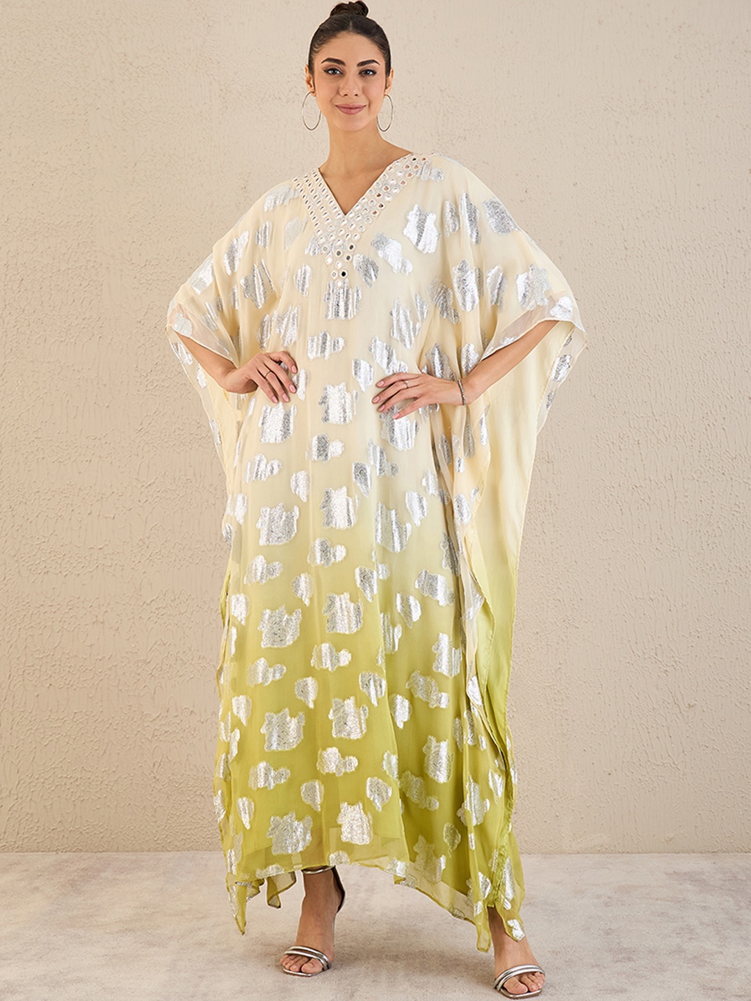 First Resort by Ramola Bachchan Ethnic Motifs Print Kimono Sleeve Georgette Maxi Dress, Cream