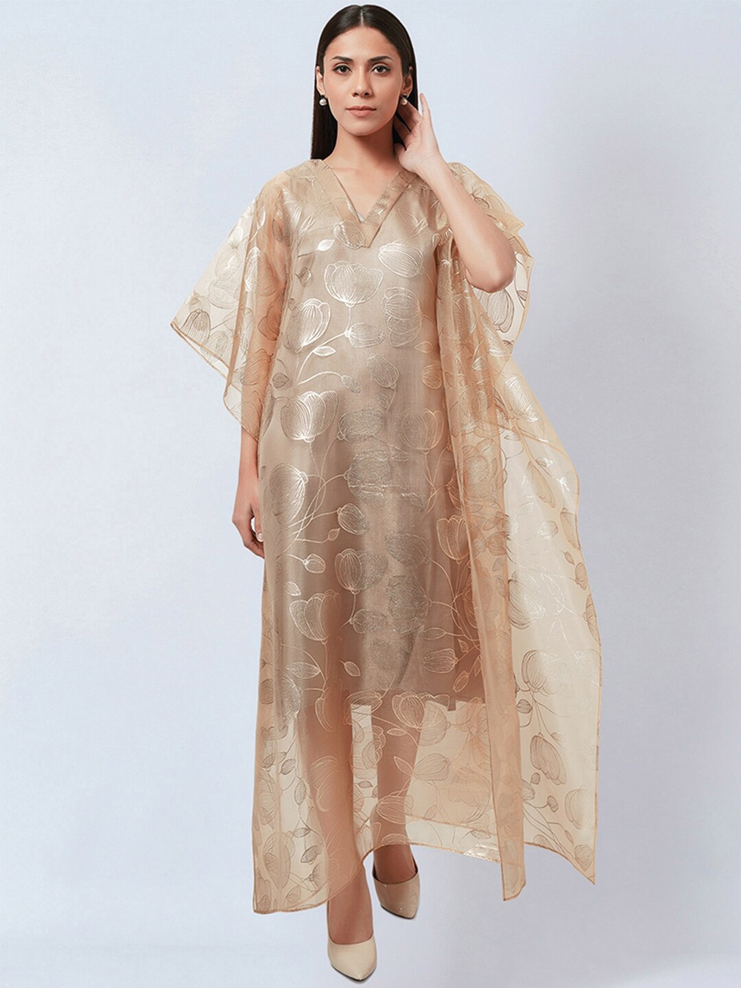 

First Resort by Ramola Bachchan Floral printed V-Neck Satin Kaftan Maxi Dress, Gold