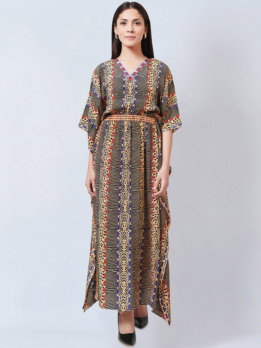 

First Resort by Ramola Bachchan Animal Printed Cape Sleeve Crepe Maxi Kaftan Dress, Mustard