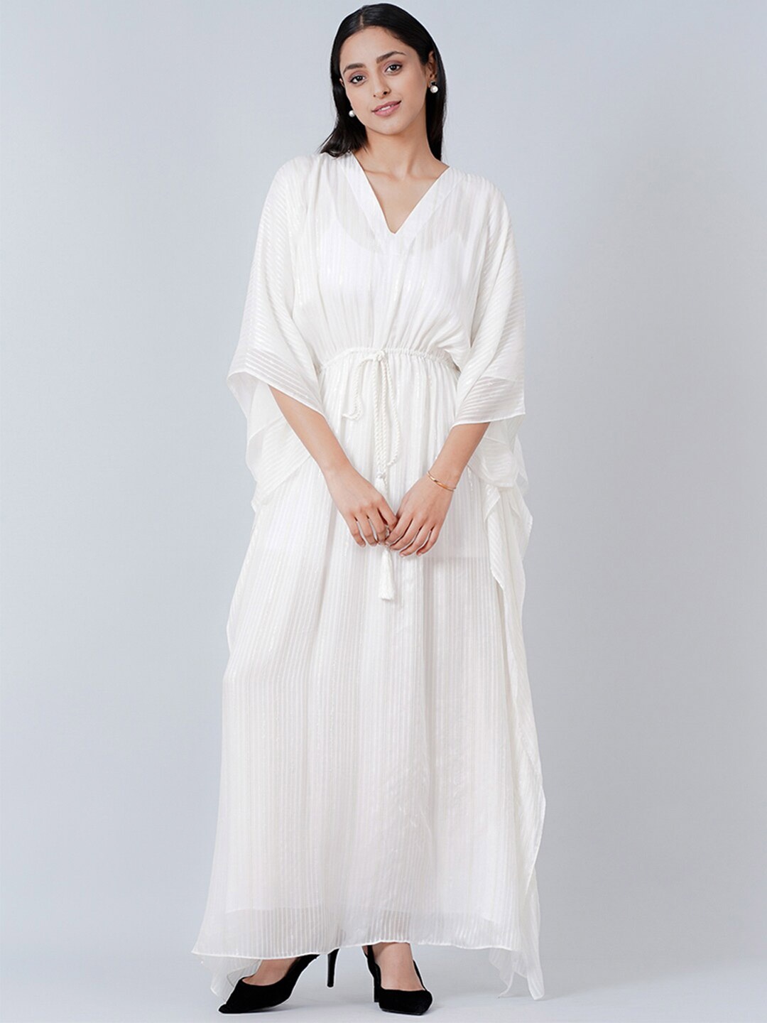 

First Resort by Ramola Bachchan V-Neck Kimono Sleeve Georgette Kaftan Maxi Dress, Cream