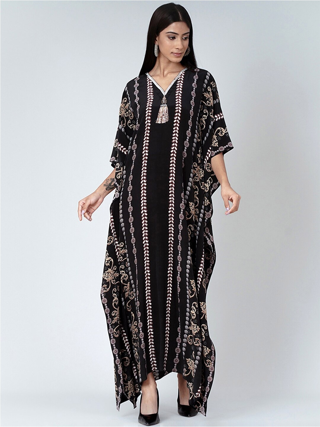 

First Resort by Ramola Bachchan Ethnic Motifs Printed Crepe Maxi Kaftan Dress, Black