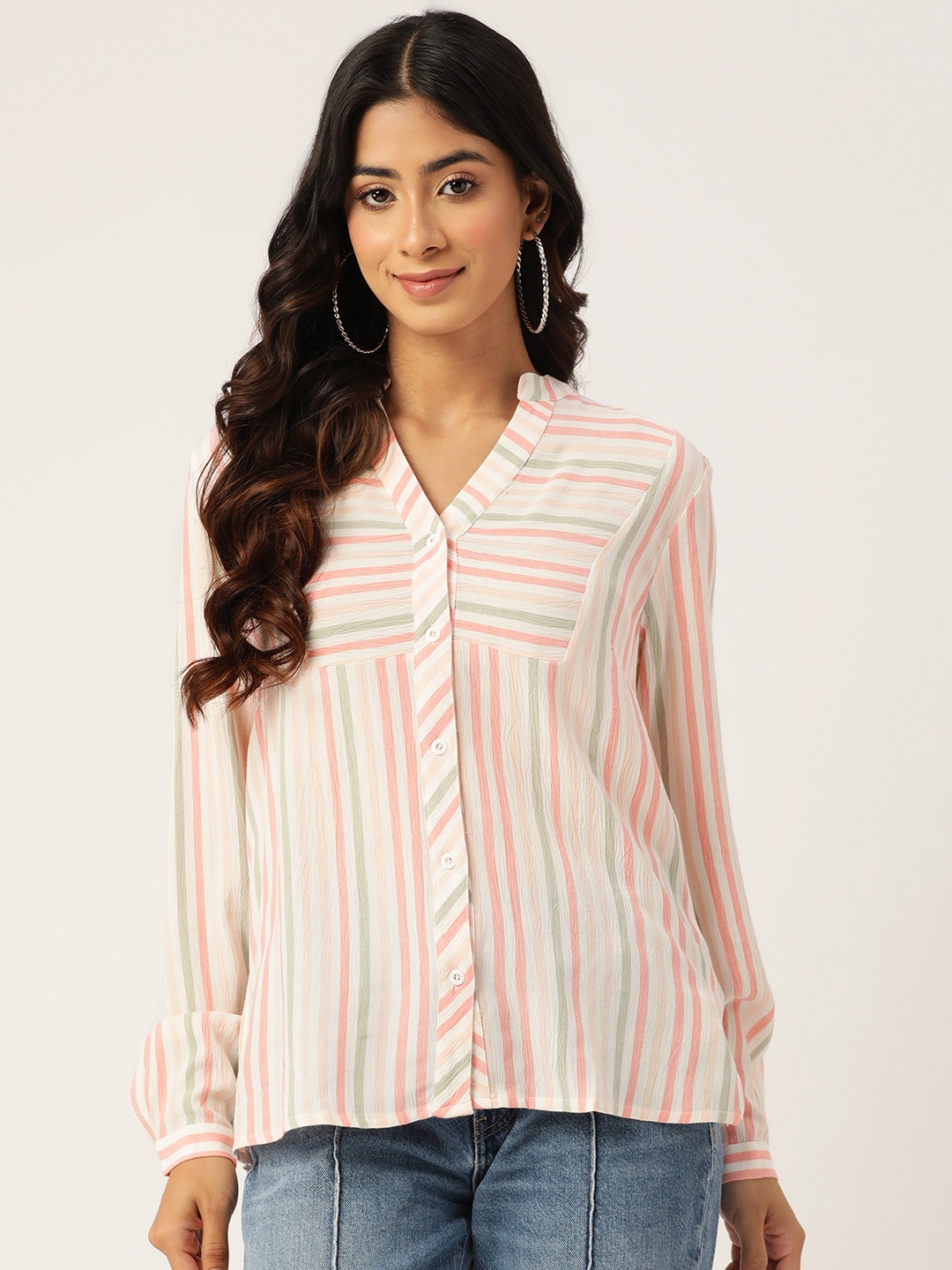 

Madame Striped Mandarin Collar Shirt Style Top, Off white