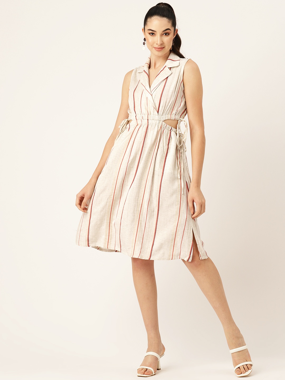 

Madame Striped Notched Lapel Cut-Out Detailed Faux Wrap Dress, Beige