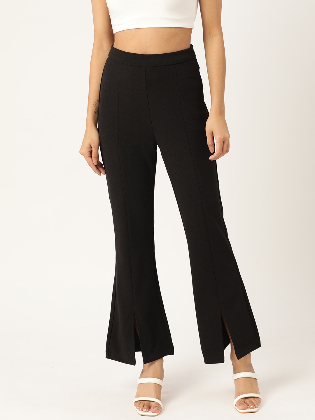 

Madame Women Flared Pleated Trousers with Slits, Black