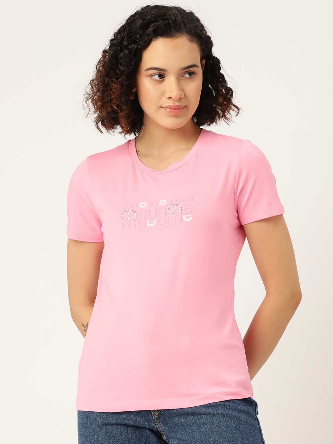 

Madame Embellished Typography Printed T-shirt, Pink