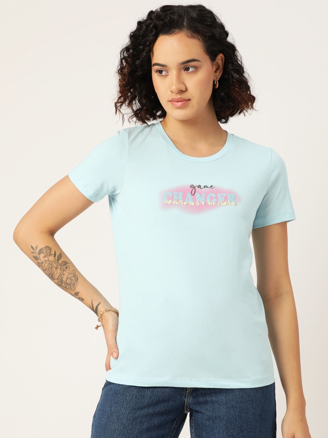 Madame Typography Printed Pure Cotton T-shirt, Blue