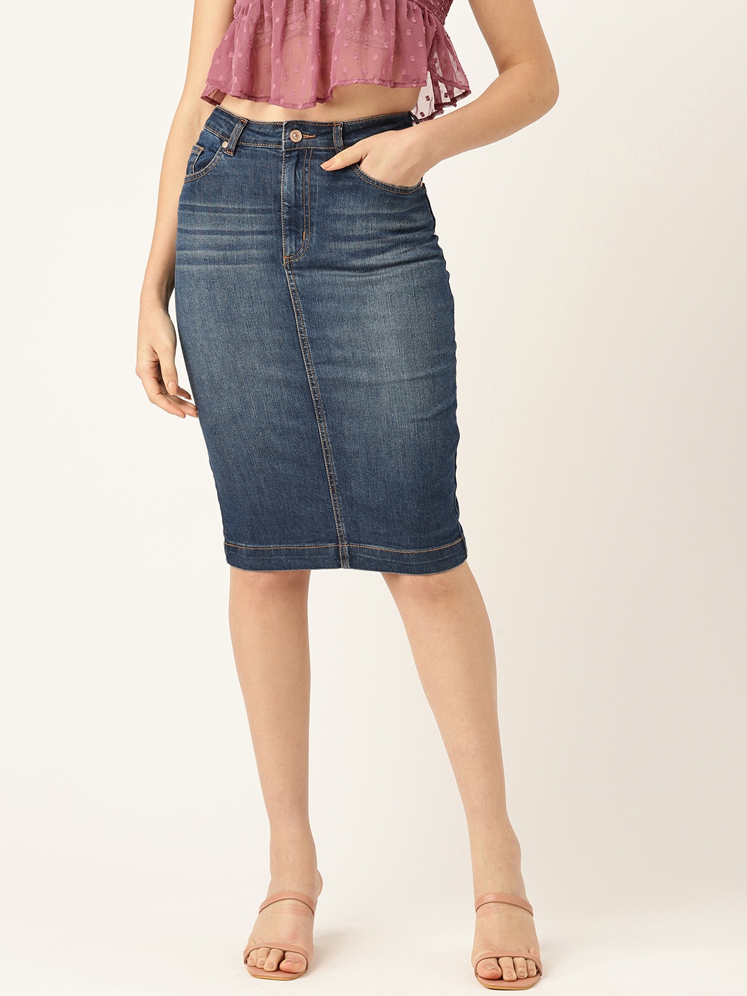 

Madame Women Solid Light Fade Denim Pencil Skirt, Navy blue