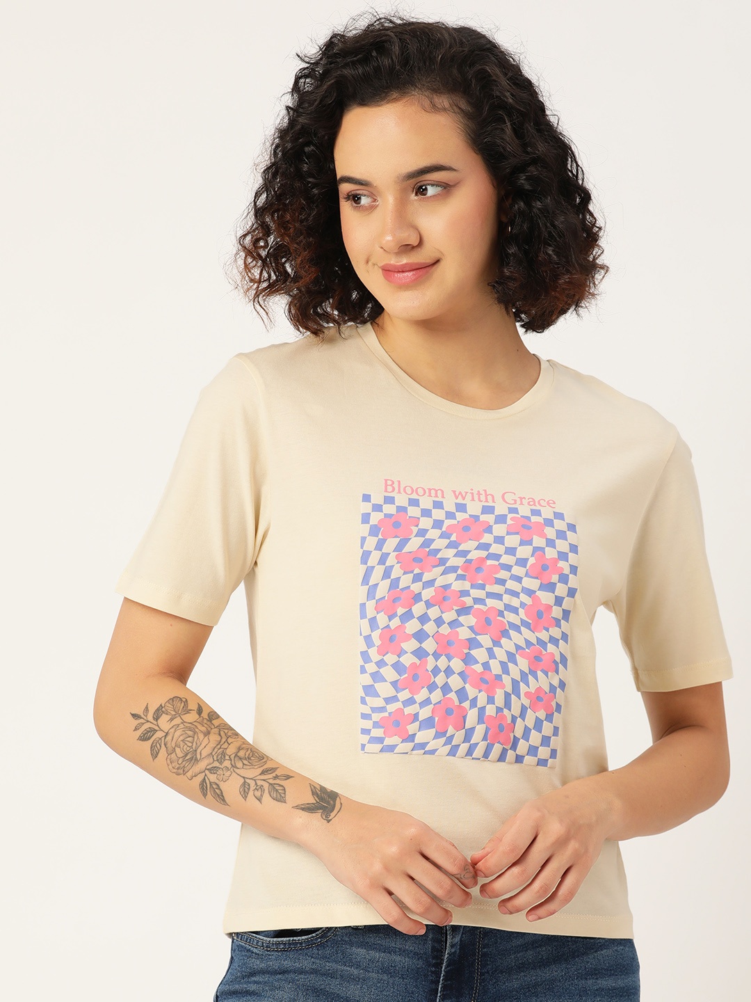

Madame Embossed Geometric Print Pure Cotton T-shirt, Cream