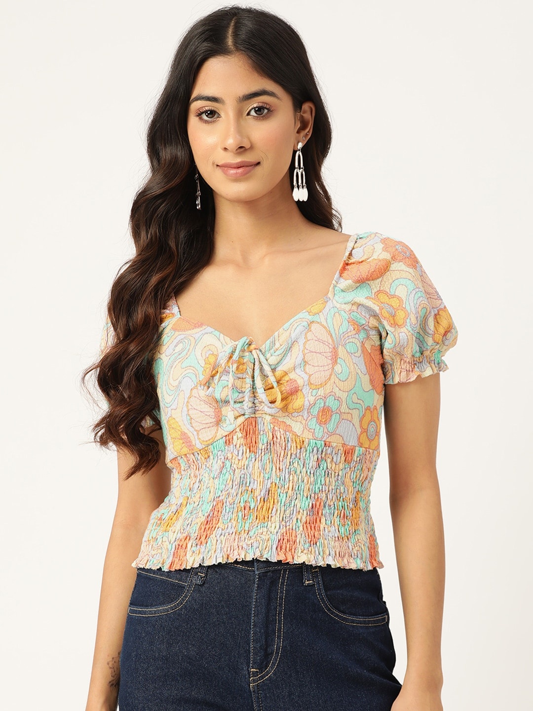 

Madame Printed Sweetheart Neck Smocked Empire Top, Yellow