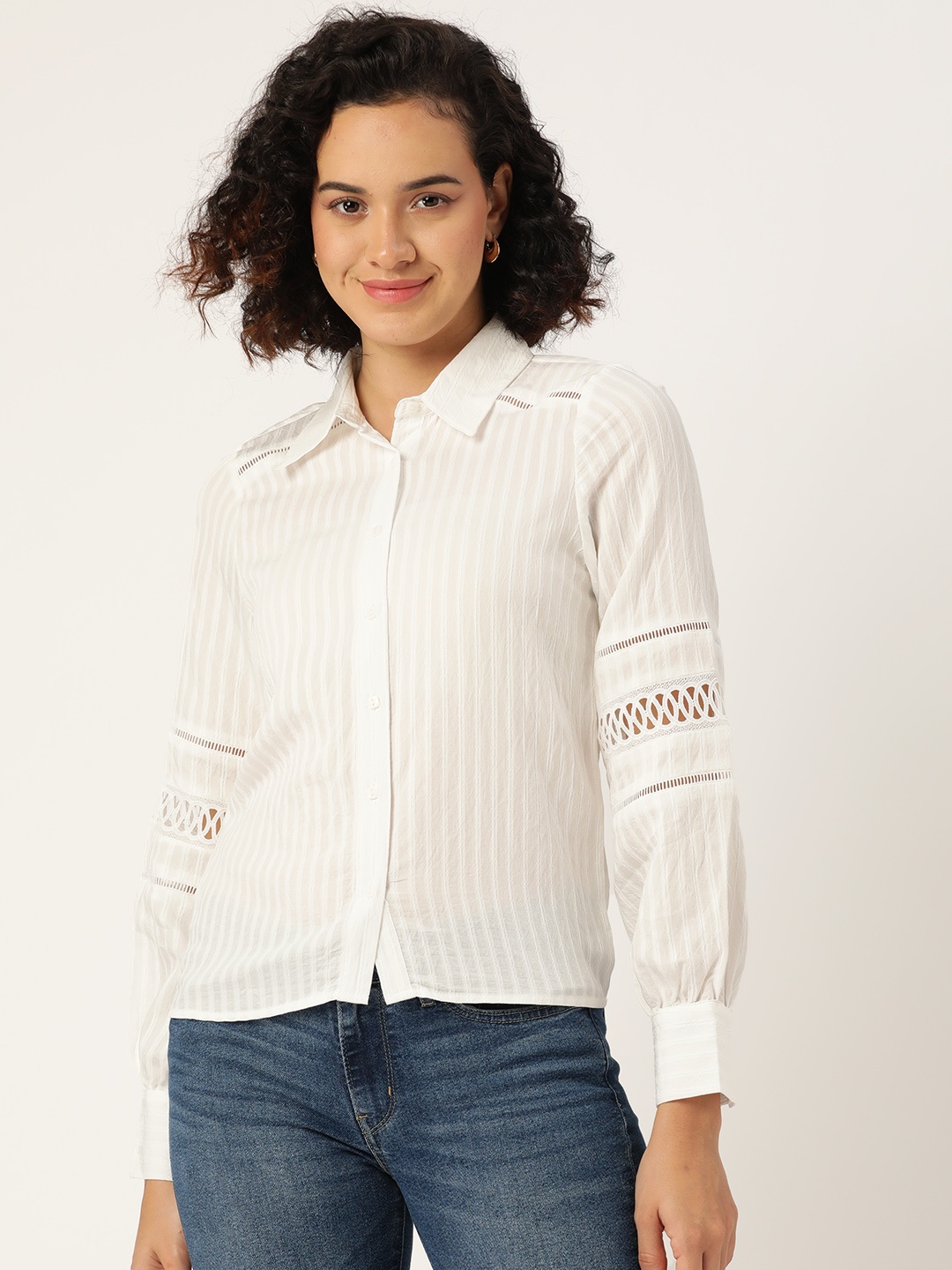 

Madame Striped Crochet Detail Casual Shirt, White