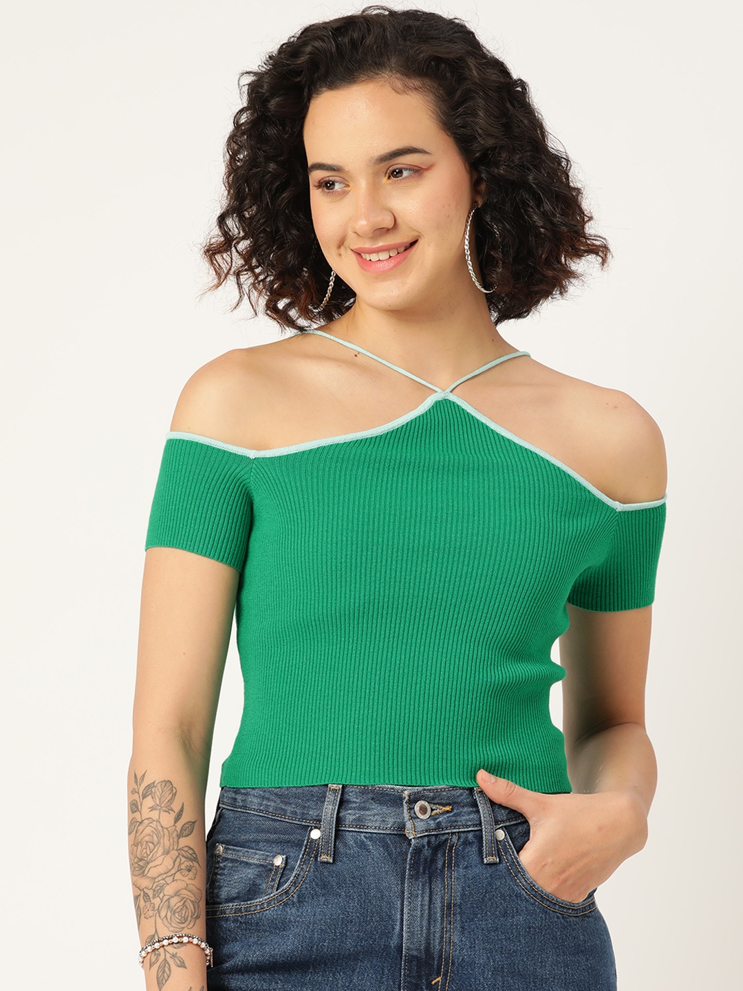 

Madame Solid Ribbed Off-Shoulder Top, Green