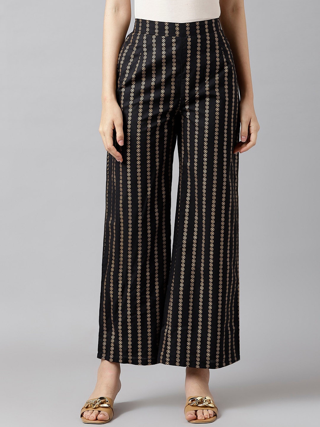 

DECKEDUP Women Geometric Printed Wide Leg Cropped Ethnic Palazzo, Black