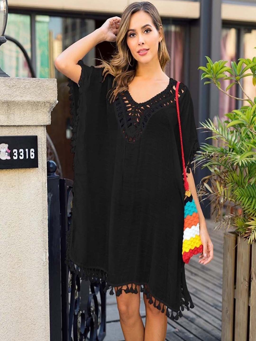 

Addery Self Design V-Neck Tie Up Cover Up Sarong, Black