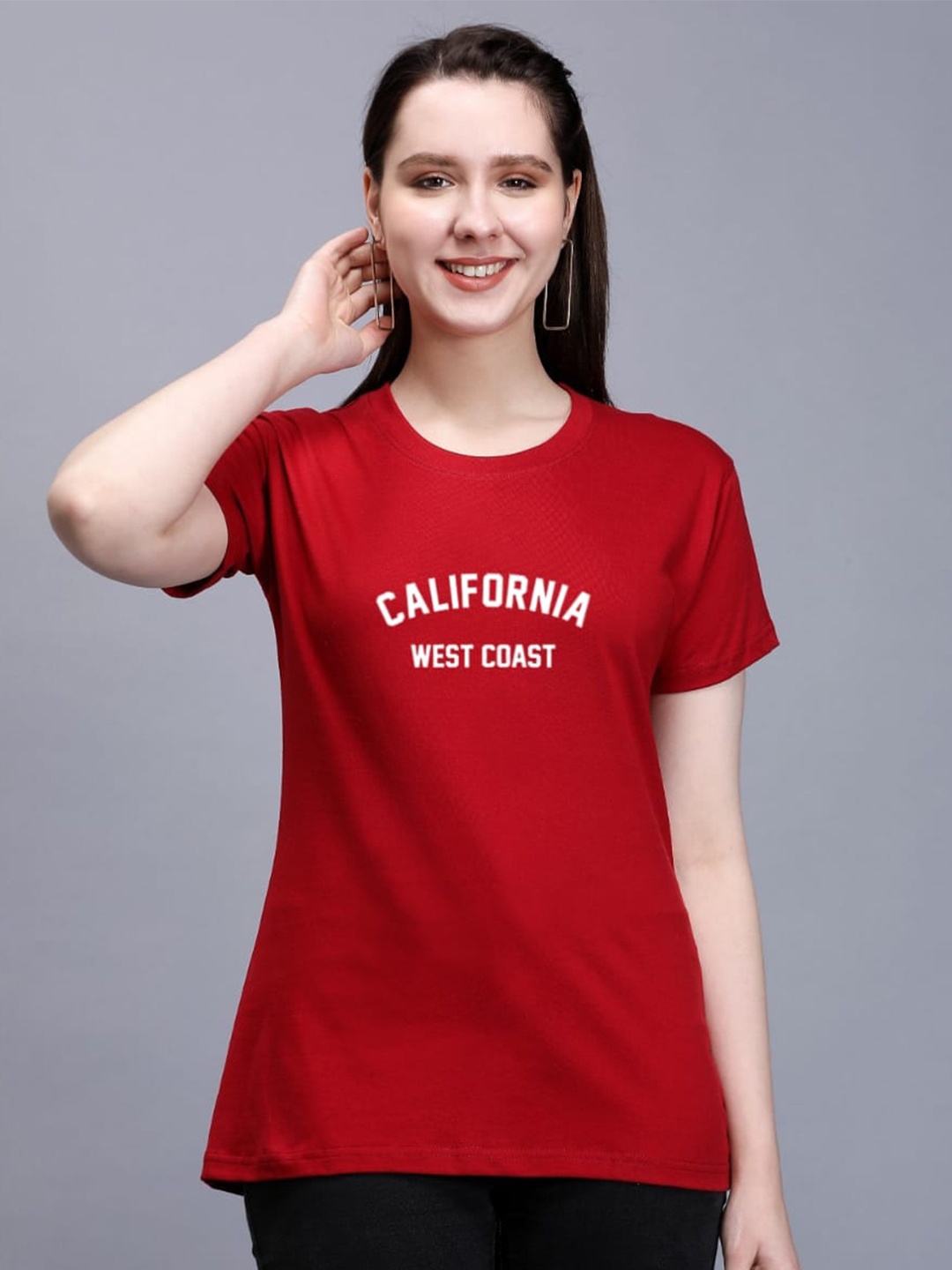 

TRENDY RABBIT Typography Printed Round Neck Cotton T-shirt, Red