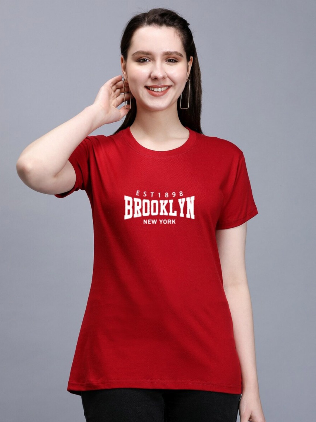 

TRENDY RABBIT Typography Printed Round Neck Cotton T-shirt, Red