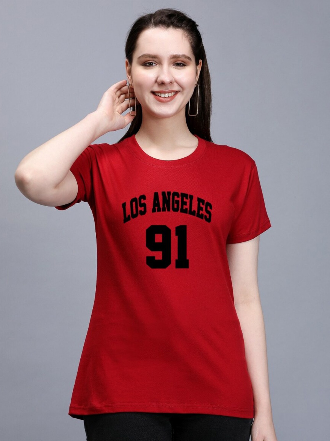 

TRENDY RABBIT Typography Printed Round Neck Cotton T-shirt, Red