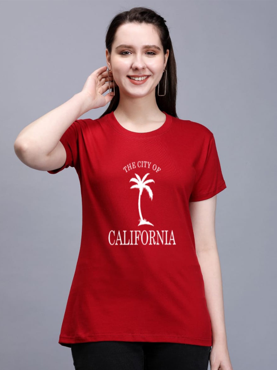 

TRENDY RABBIT Typography Printed Round Neck Cotton T-shirt, Red