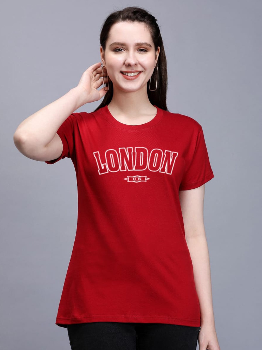 

TRENDY RABBIT Typography Printed Round Neck Cotton T-shirt, Red
