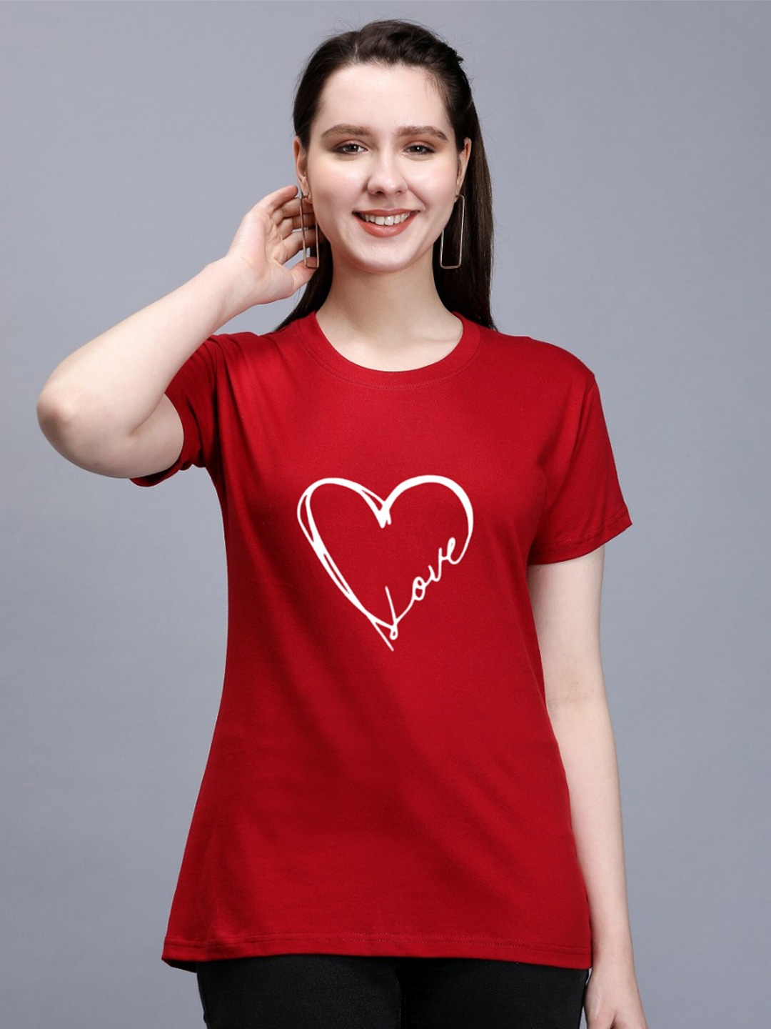 

TRENDY RABBIT Typography Printed Round Neck Cotton T-shirt, Red