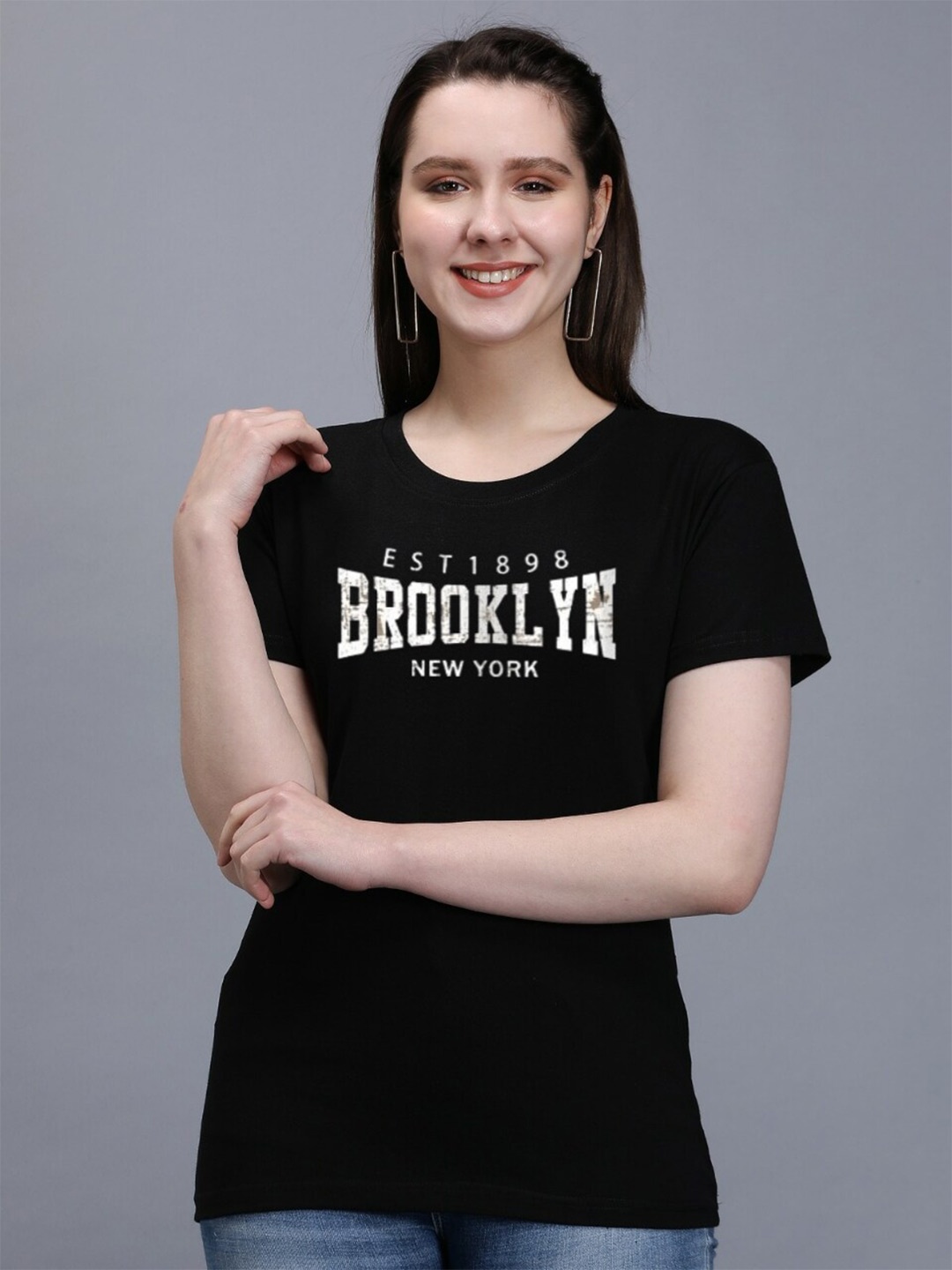 

TRENDY RABBIT Typography Printed Round Neck Cotton T-shirt, Black