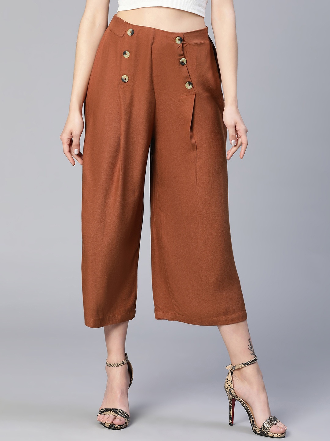 

Oxolloxo Women Button Detail Relaxed Straight Leg Culottes, Brown