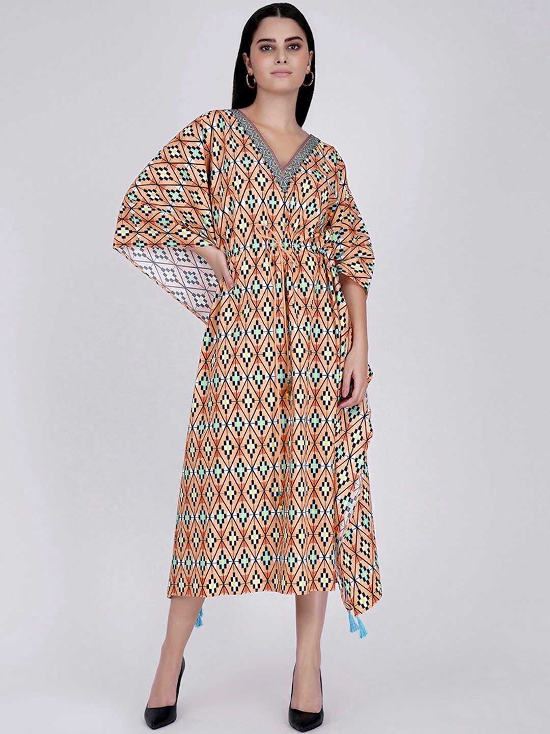 

First Resort by Ramola Bachchan Geometric Printed V-Neck Cotton Kaftan Midi Dress, Orange