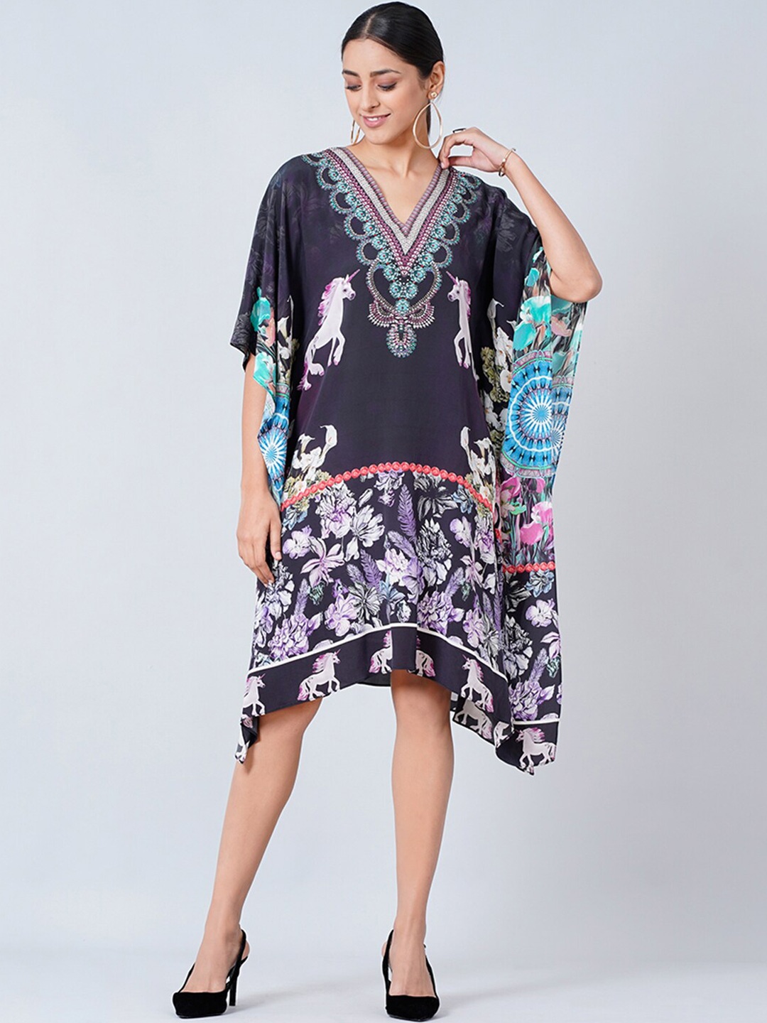 

First Resort by Ramola Bachchan Floral Printed V-Neck Silk Kaftan Midi Dress, Black