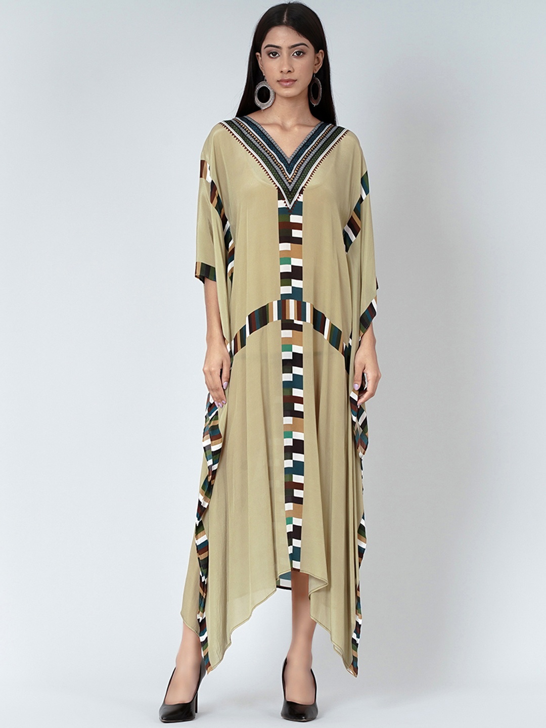 

First Resort by Ramola Bachchan Geometric Printed Crepe Kaftan Maxi Dress, Green