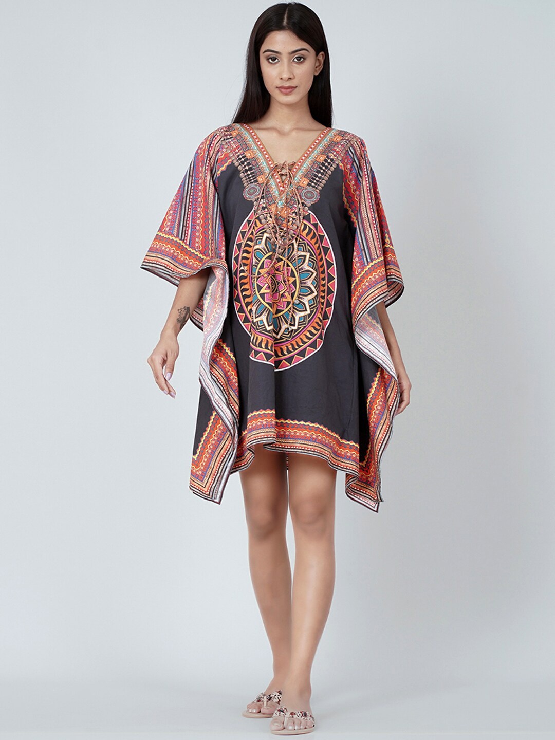 

First Resort by Ramola Bachchan Ethnic Motifs Printed Kimono Sleeve Kaftan Dress, Black