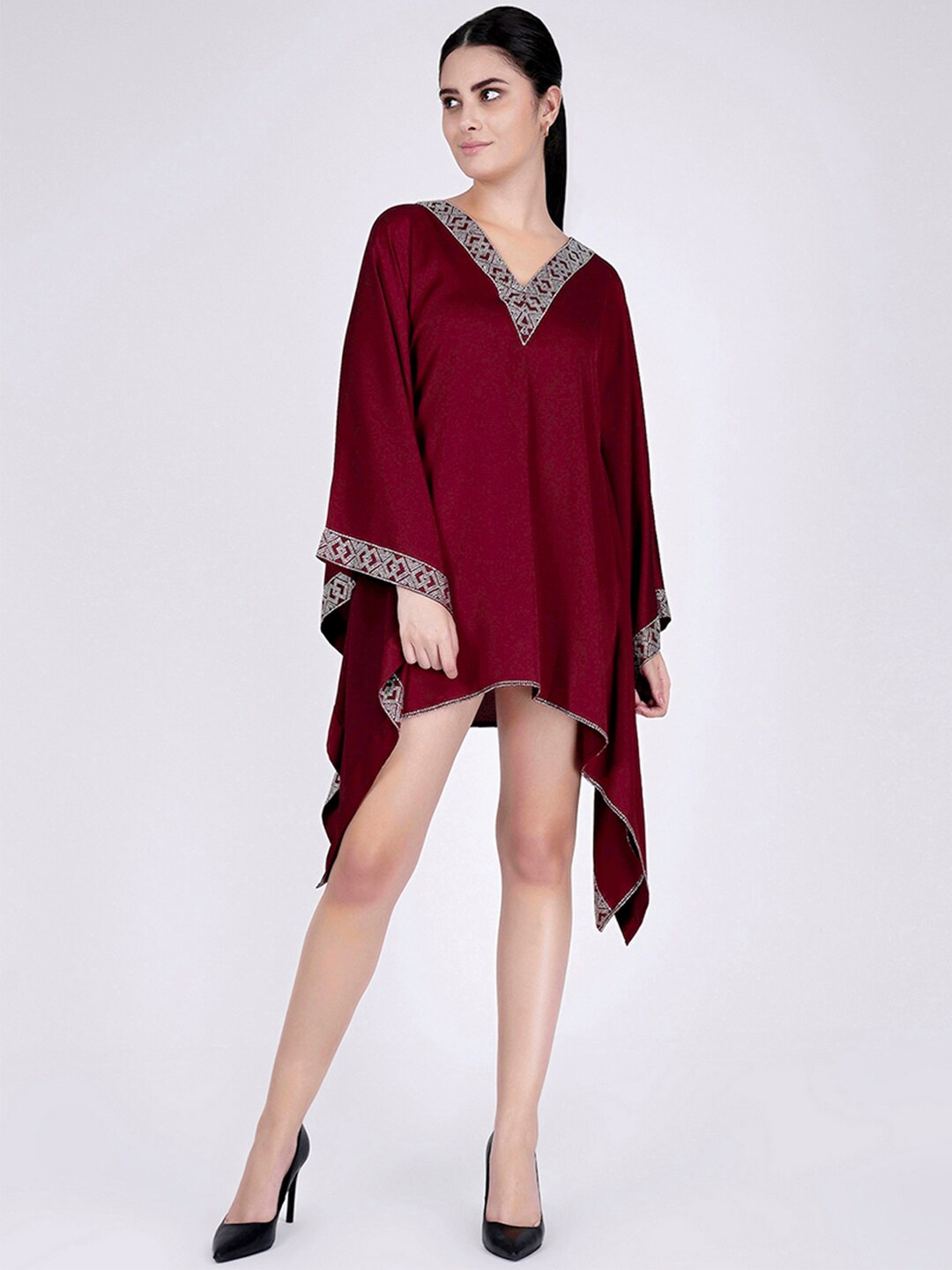 

First Resort by Ramola Bachchan Embellished V-Neck Satin Mini Kaftan Dress, Maroon