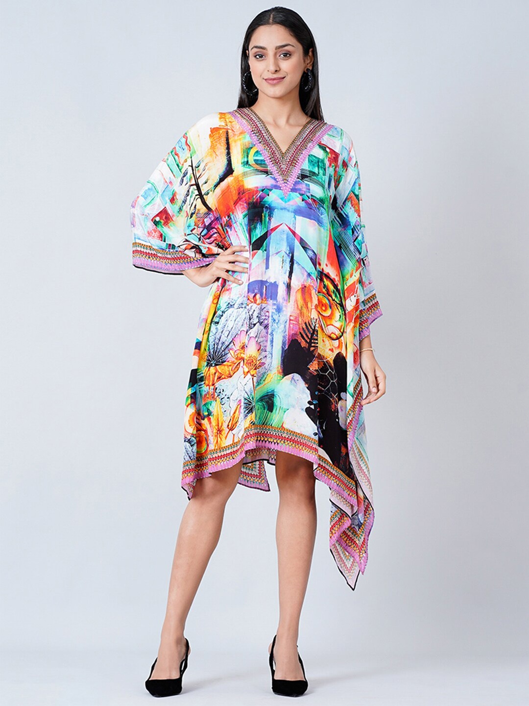 

First Resort by Ramola Bachchan Printed Kimono Sleeve Crepe Kaftan Midi Dress, Blue