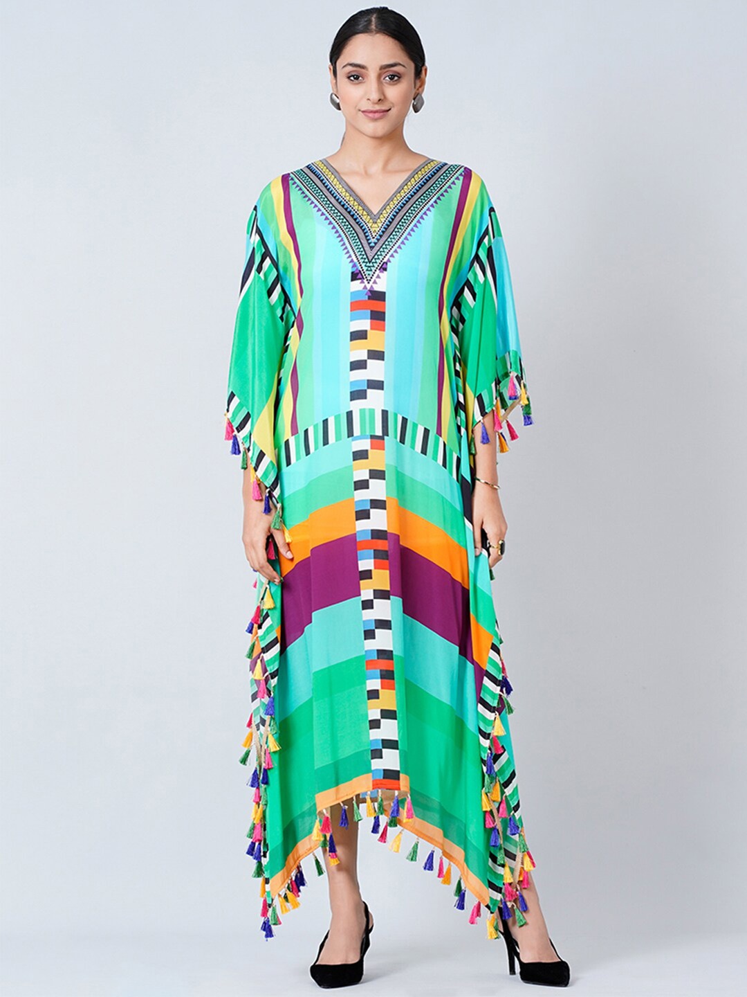 

First Resort by Ramola Bachchan Geometric Printed Crepe Kaftan Dress, Green