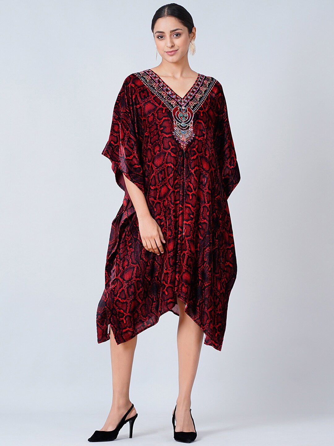 

First Resort by Ramola Bachchan Animal Printed Velvet Kaftan Dress, Red