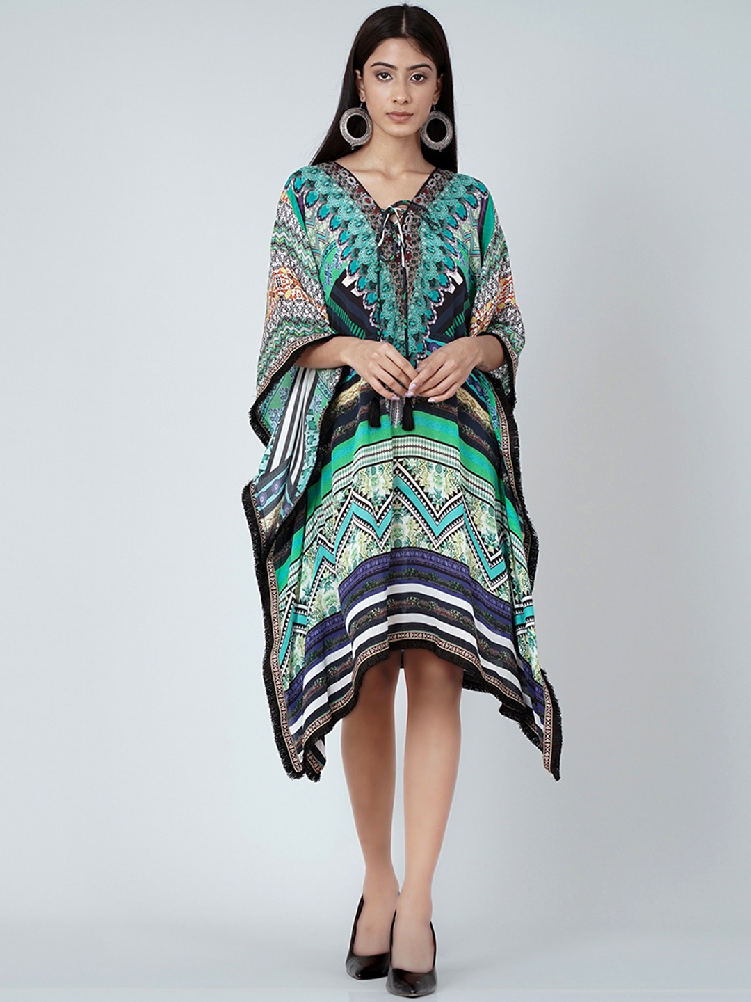 

First Resort by Ramola Bachchan Geometric Printed Crepe Kaftan Dress, Green