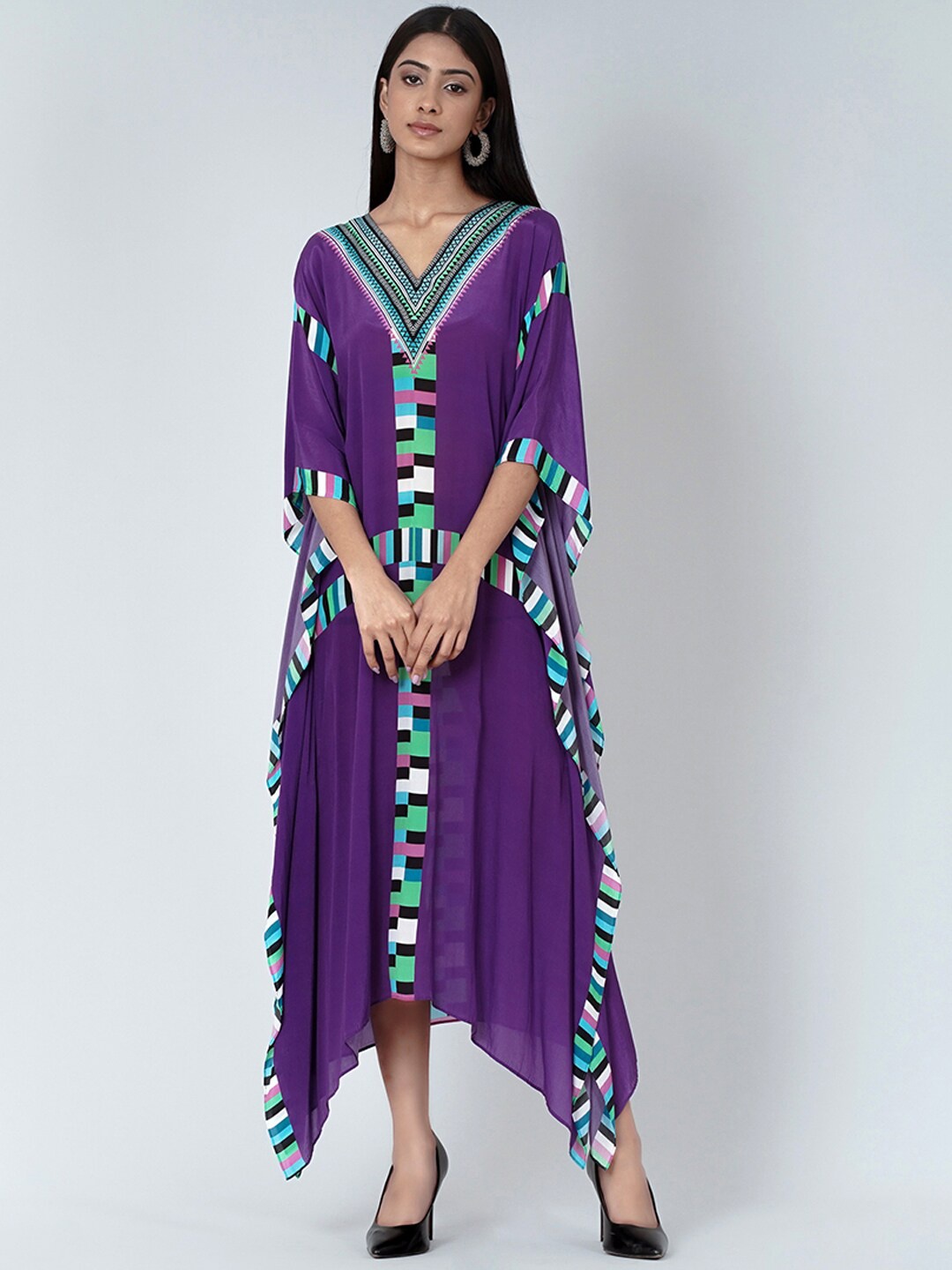 

First Resort by Ramola Bachchan Geometric Printed V-Neck Kaftan Maxi Dress, Purple
