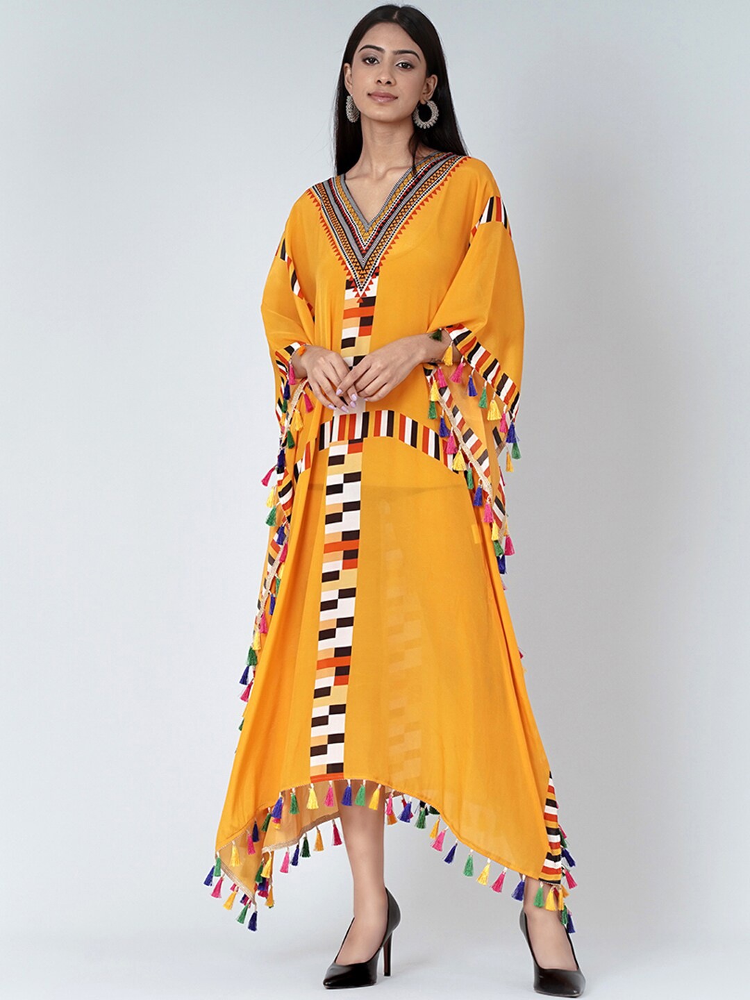 

First Resort by Ramola Bachchan Geometric Printed Crepe Kaftan Midi Dress, Yellow