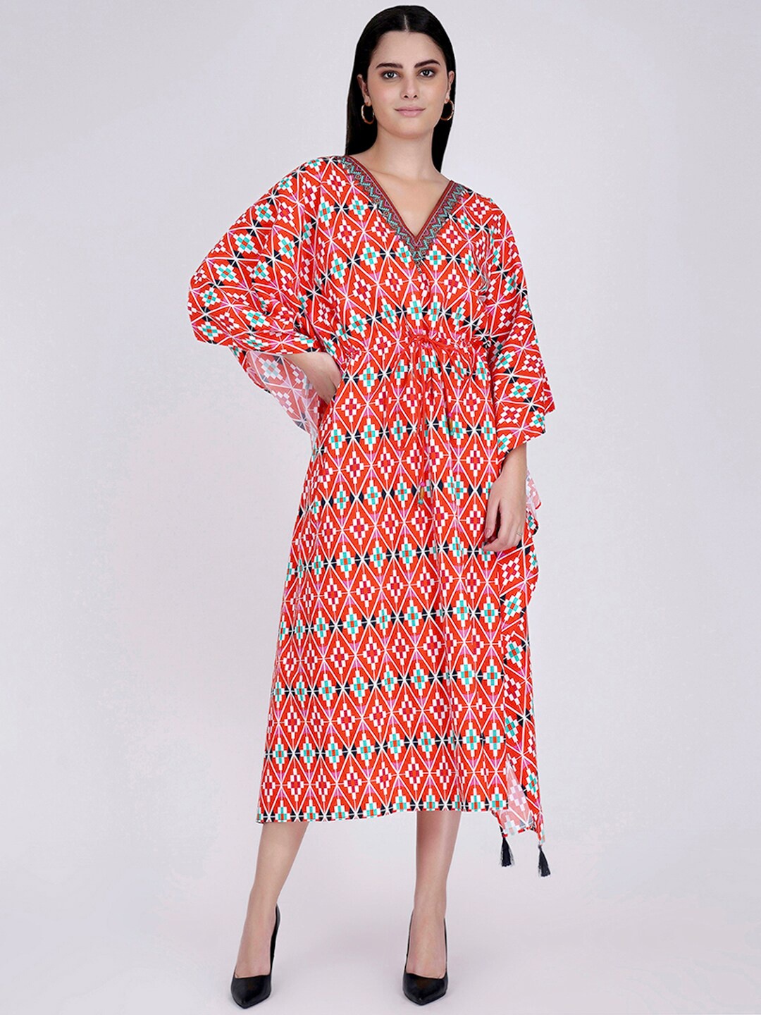 

First Resort by Ramola Bachchan Geometric Printed Tie Up Kaftan Midi Dress, Red