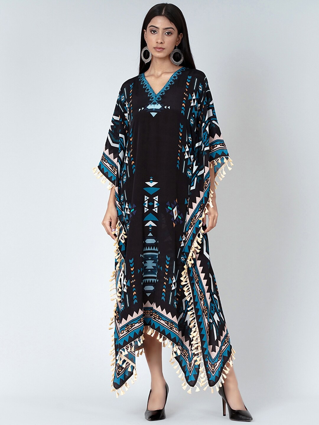 

First Resort by Ramola Bachchan Geometric Printed V-Neck Crepe Kaftan Dress, Black