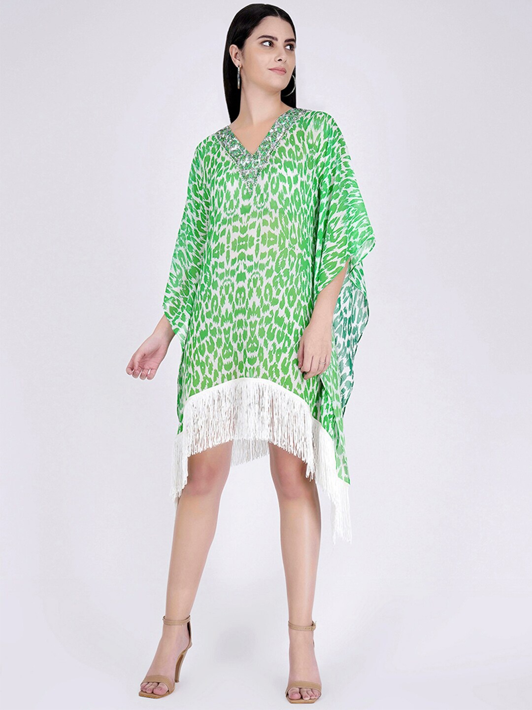 

First Resort by Ramola Bachchan Animal Printed Kimono Sleeve Georgette Kaftan Dress, Green