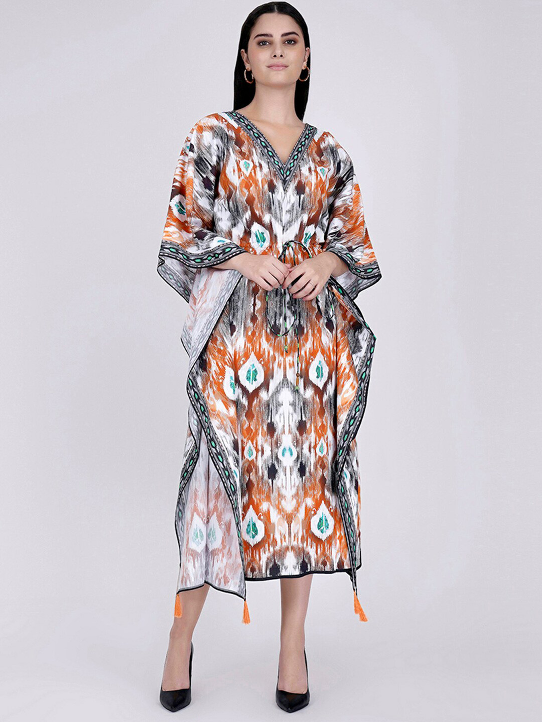 

First Resort by Ramola Bachchan Ikat Printed Cotton Midi Kaftan Dress, Orange