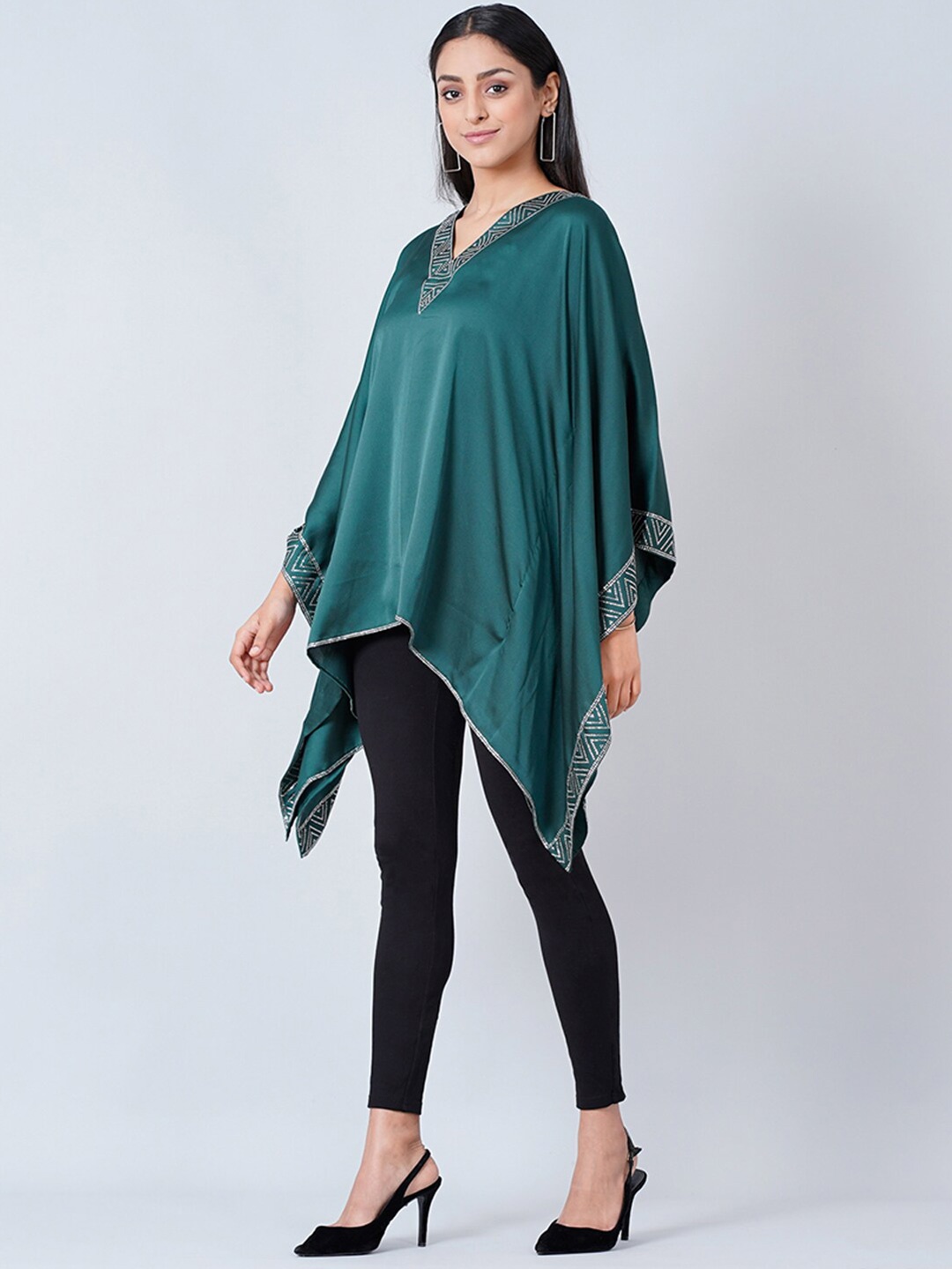 

First Resort by Ramola Bachchan V-Nevk Embellished Satin Kaftan Top, Green