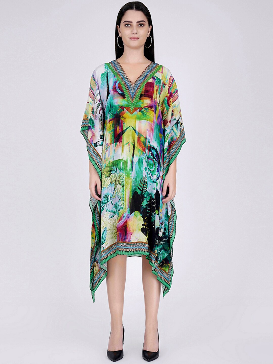 

First Resort by Ramola Bachchan V-Neck Print Crepe Midi Dress, Green