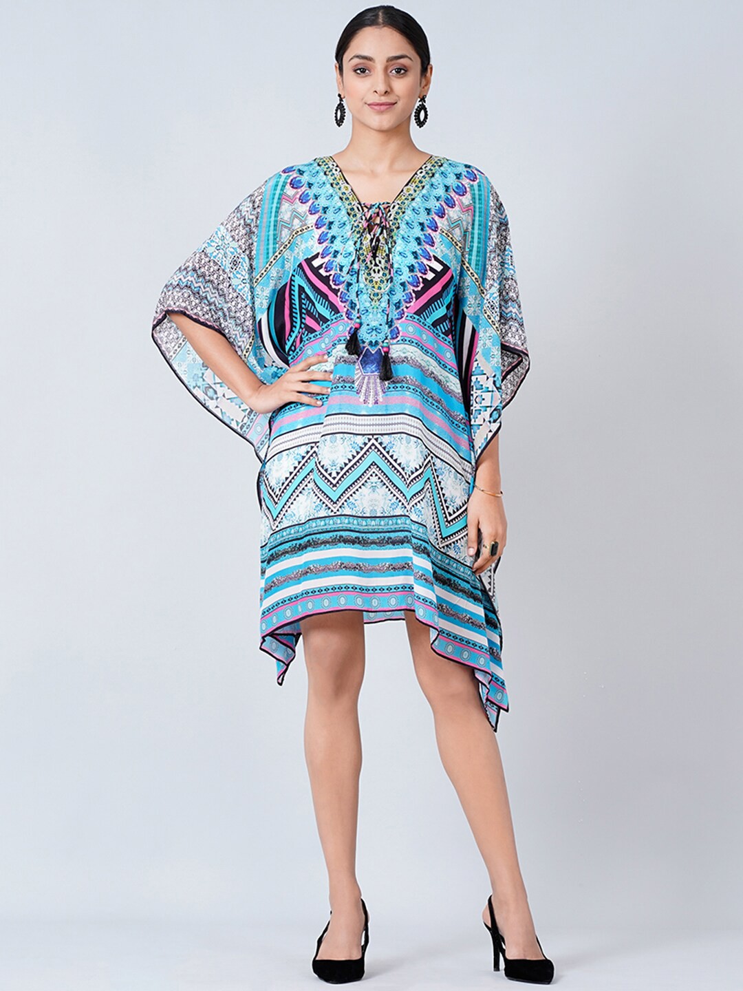 

First Resort by Ramola Bachchan Ethnic Motifs Printed Kimono Sleeve Crepe Kaftan Dress, Blue