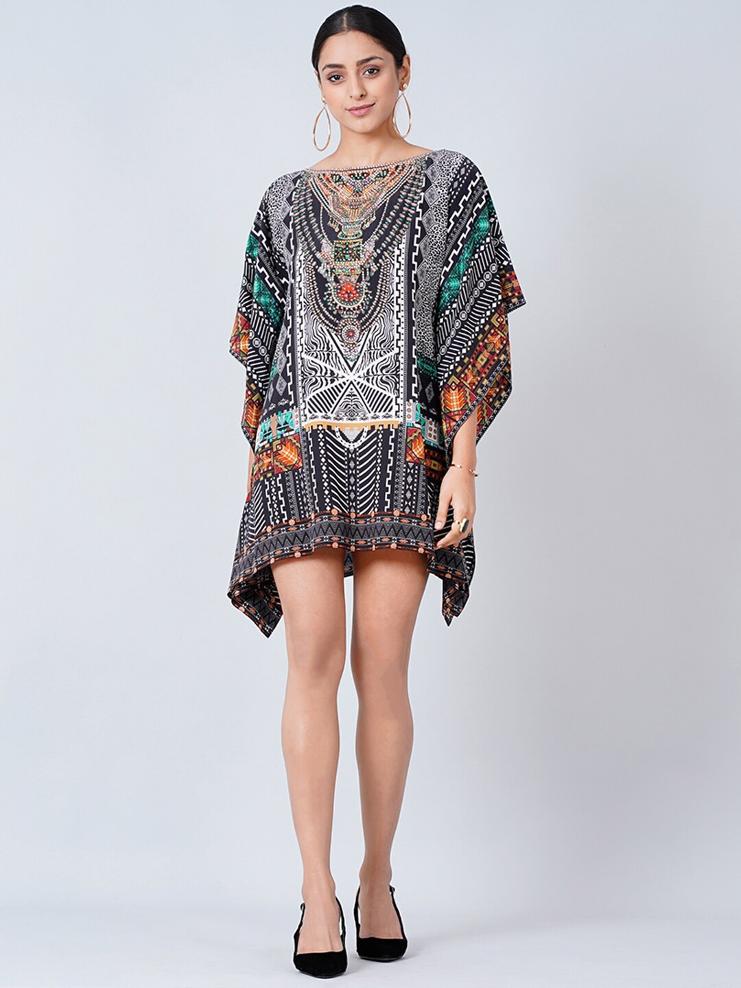 

First Resort by Ramola Bachchan Geometric Printed Boat Neck Crepe Mini Kaftan Dress, Black
