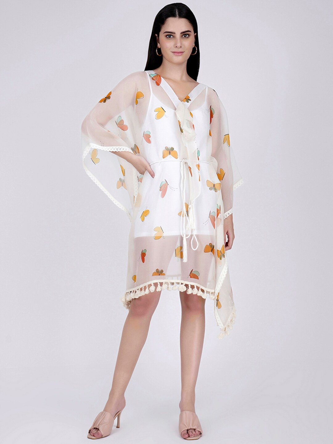 

First Resort by Ramola Bachchan Butterfly Printed Kaftan Dress With Belt, Yellow