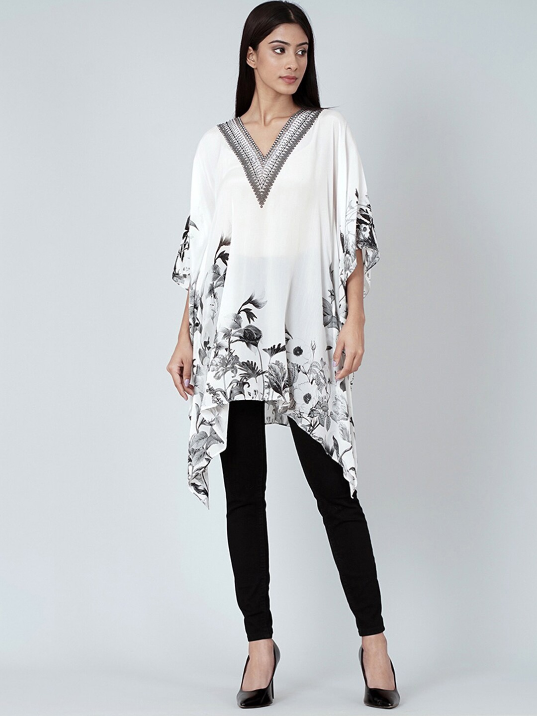 

First Resort by Ramola Bachchan Floral Printed Kaftan Top, White